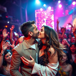 A vibrant scene where a man is passionately kissing a famous female singer resembling Natti Natasha