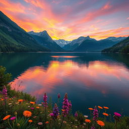 A stunning and serene landscape featuring a tranquil lake surrounded by majestic mountains