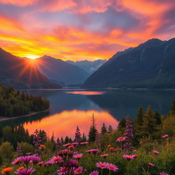 A stunning and serene landscape featuring a tranquil lake surrounded by majestic mountains