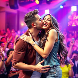 A vibrant scene where a man is passionately kissing a famous female singer resembling Natti Natasha