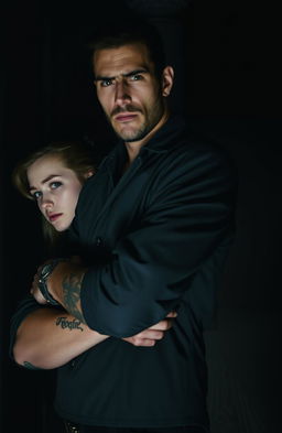 A dark, moody atmosphere featuring a brooding, tall man with sharp features and tattoos subtly peeking out from under his sleeves