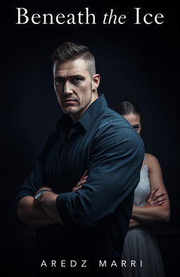 A dark, moody atmosphere featuring a brooding, tall man with sharp features and tattoos subtly peeking out from under his sleeves