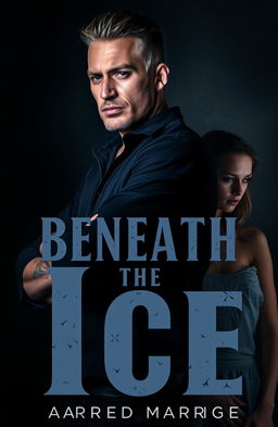 A dark, moody atmosphere featuring a brooding, tall man with sharp features and tattoos subtly peeking out from under his sleeves