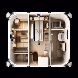 A top-view layout of a celebrity's vanity container, showcasing sections including a bathroom, sitting area, kitchenette, and makeup station, arranged for optimal functionality and luxury.