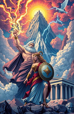 A stunning illustration of Greek mythology, showcasing the grandeur of Mount Olympus in the background, with vibrant colors and intricate details