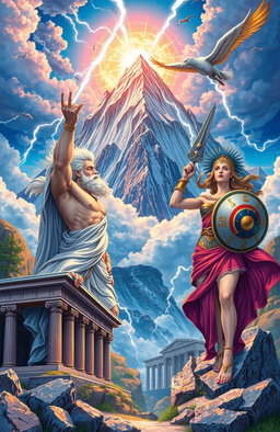 A stunning illustration of Greek mythology, showcasing the grandeur of Mount Olympus in the background, with vibrant colors and intricate details