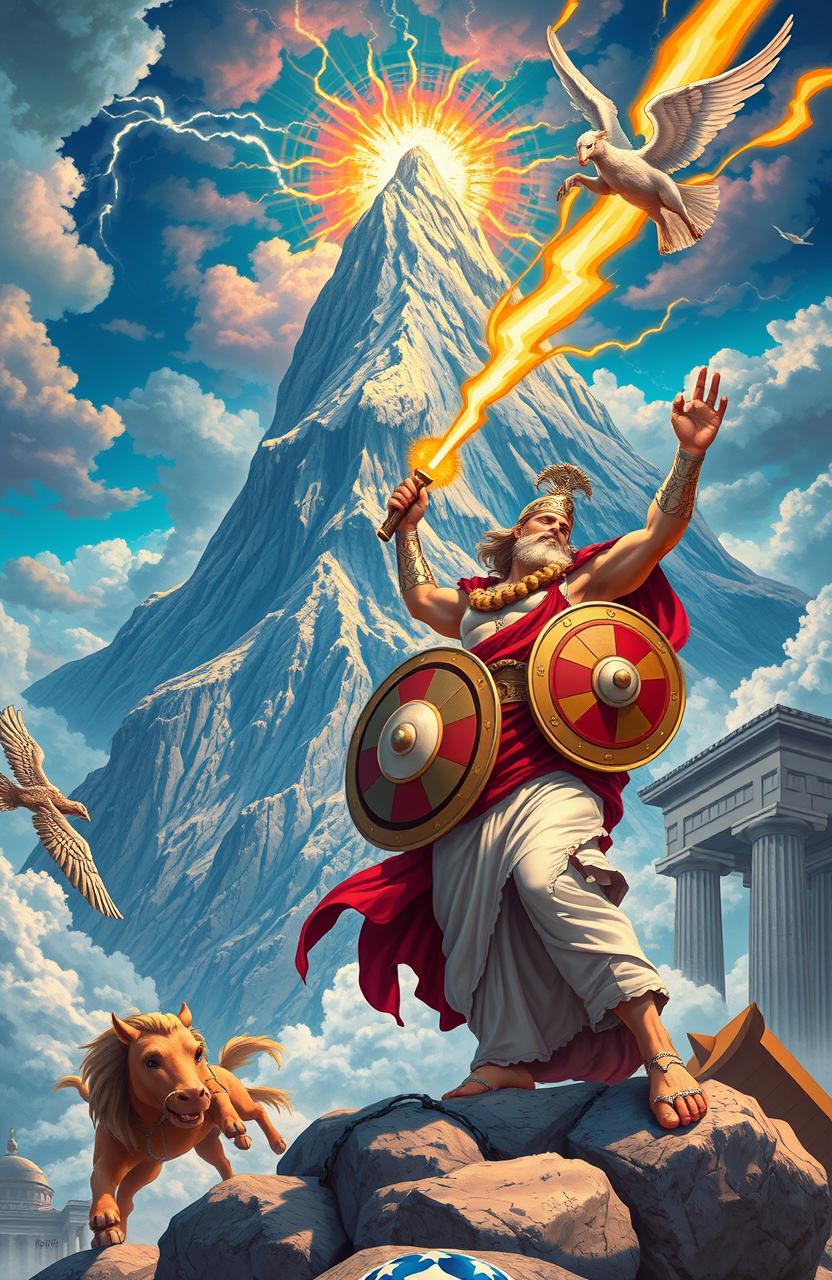 A stunning illustration of Greek mythology, showcasing the grandeur of Mount Olympus in the background, with vibrant colors and intricate details