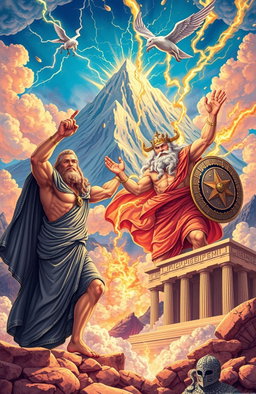 A stunning illustration of Greek mythology, showcasing the grandeur of Mount Olympus in the background, with vibrant colors and intricate details