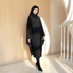 A woman wearing a traditional black chador that covers her head and body, along with black tights and black high heels