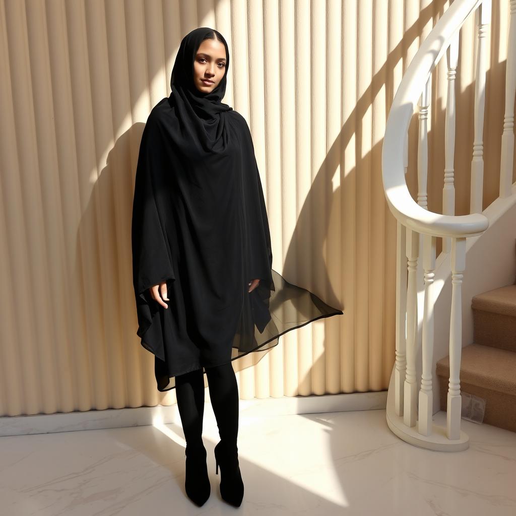 A woman wearing a traditional black chador that covers her head and body, along with black tights and black high heels