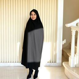 A woman wearing a traditional black chador that covers her head and body, along with black tights and black high heels