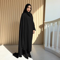 A woman wearing a traditional black chador that covers her head and body, along with black tights and black high heels