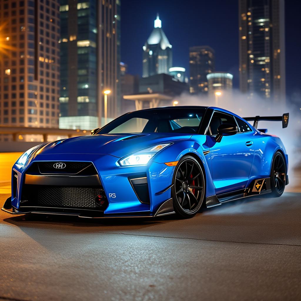 A highly modified sports car, showcasing an aggressive aerodynamic body kit, vibrant neon blue paint, and sleek black alloy wheels