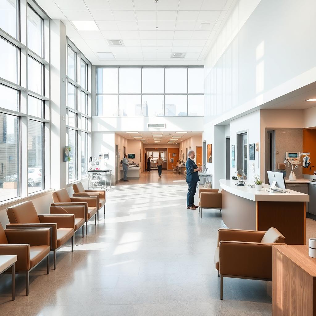 A modern hospital interior, featuring a clean and bright reception area with large windows letting in natural light
