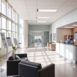 A modern hospital interior, featuring a clean and bright reception area with large windows letting in natural light