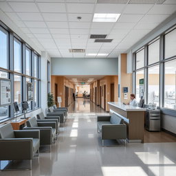 A modern hospital interior, featuring a clean and bright reception area with large windows letting in natural light