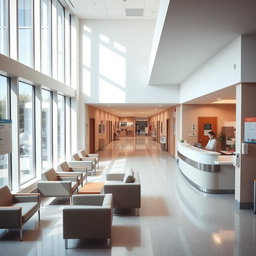 A modern hospital interior, featuring a clean and bright reception area with large windows letting in natural light