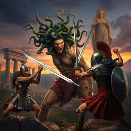 A dramatic scene featuring Medusa battling fierce Greek warriors in a mythical landscape