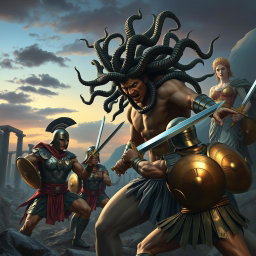 A dramatic scene featuring Medusa battling fierce Greek warriors in a mythical landscape