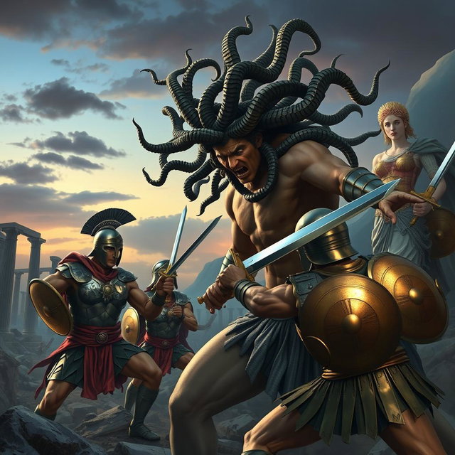 A dramatic scene featuring Medusa battling fierce Greek warriors in a mythical landscape