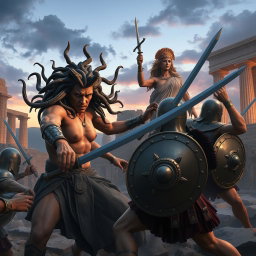 A dramatic scene featuring Medusa battling fierce Greek warriors in a mythical landscape