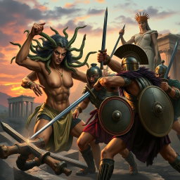 A dramatic scene featuring Medusa battling fierce Greek warriors in a mythical landscape