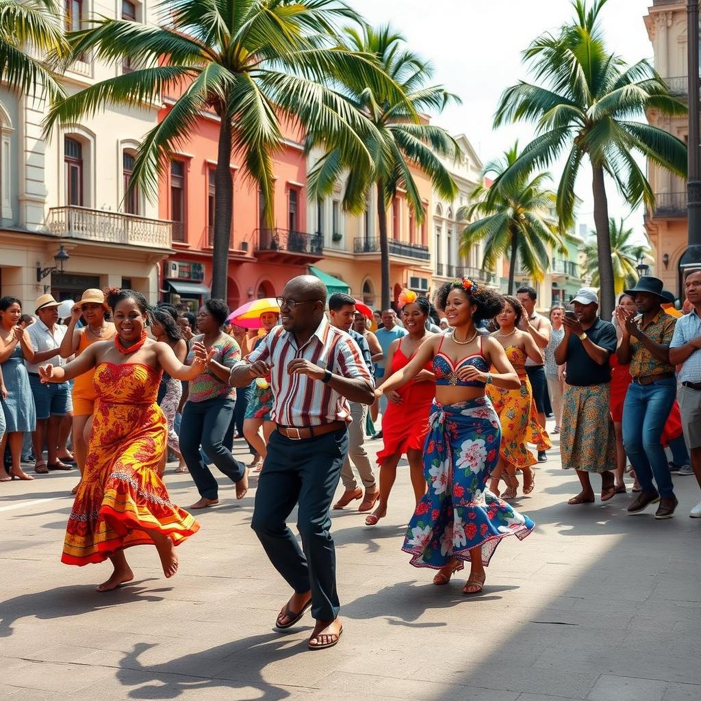 A vibrant street scene capturing a lively dance in a colorful town square
