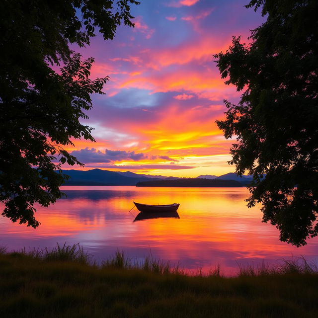 A serene, picturesque landscape showcasing a beautiful sunset over a tranquil lake