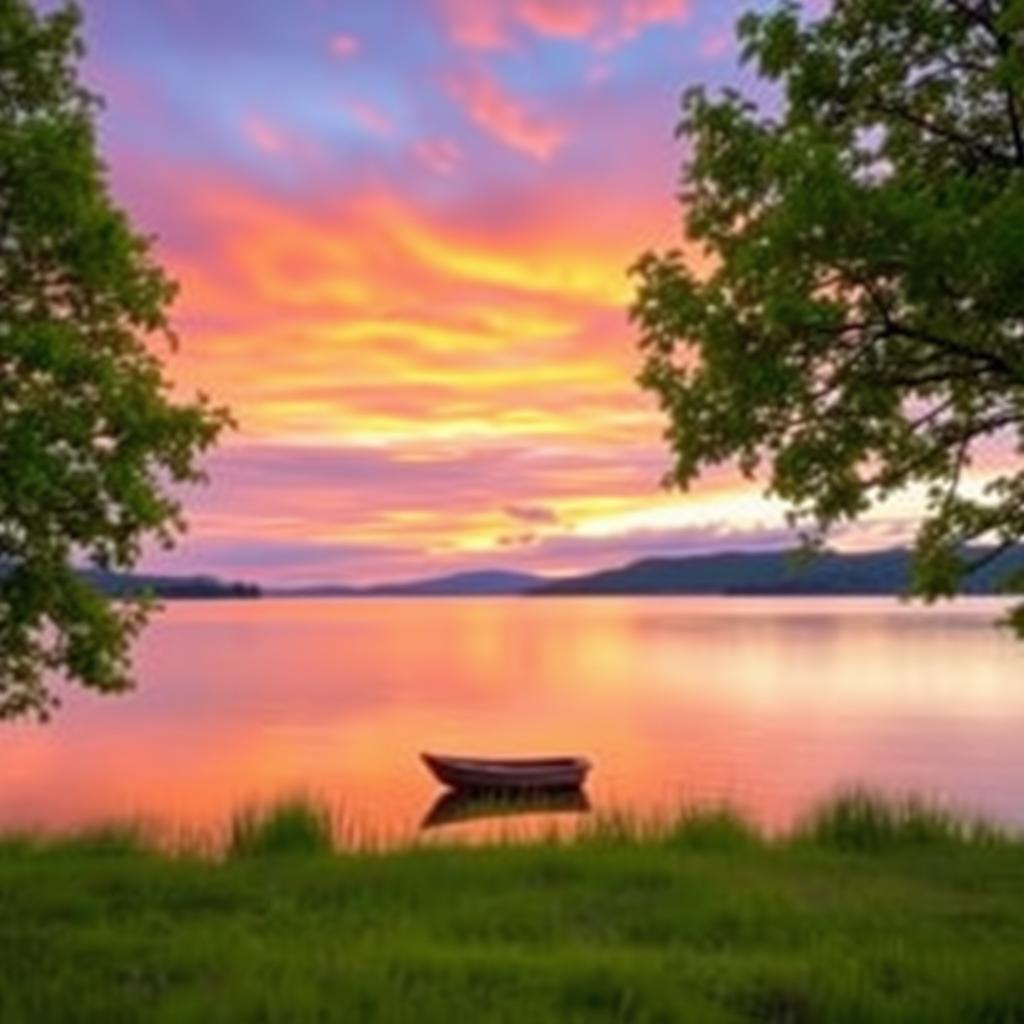 A serene, picturesque landscape showcasing a beautiful sunset over a tranquil lake