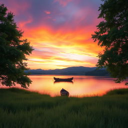 A serene, picturesque landscape showcasing a beautiful sunset over a tranquil lake