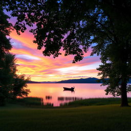 A serene, picturesque landscape showcasing a beautiful sunset over a tranquil lake