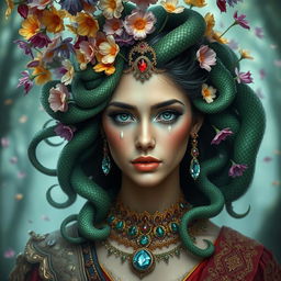 A stunning woman embodying both a prince and Medusa, one half adorned in royal attire with regal colors, intricate details, and a noble stance, while the other half features serpent-like hair flowing elegantly, with mesmerizing green scales and captivating eyes
