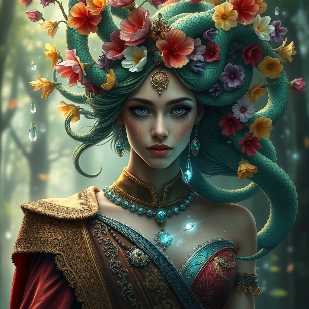 A stunning woman embodying both a prince and Medusa, one half adorned in royal attire with regal colors, intricate details, and a noble stance, while the other half features serpent-like hair flowing elegantly, with mesmerizing green scales and captivating eyes