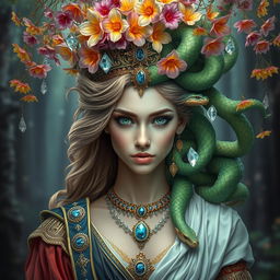 A stunning woman embodying both a prince and Medusa, one half adorned in royal attire with regal colors, intricate details, and a noble stance, while the other half features serpent-like hair flowing elegantly, with mesmerizing green scales and captivating eyes