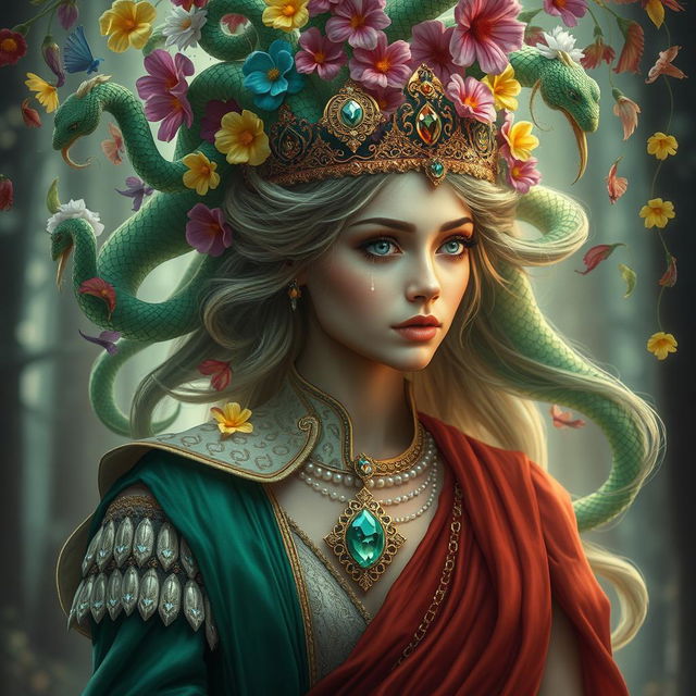 A stunning woman embodying both a prince and Medusa, one half adorned in royal attire with regal colors, intricate details, and a noble stance, while the other half features serpent-like hair flowing elegantly, with mesmerizing green scales and captivating eyes