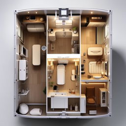 A top-view layout of a celebrity's vanity container, showcasing sections including a bathroom, sitting area, kitchenette, and makeup station, arranged for optimal functionality and luxury.