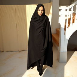 A woman wearing a traditional black chador that fully covers her head and body, complemented by black tights and stylish black high heels