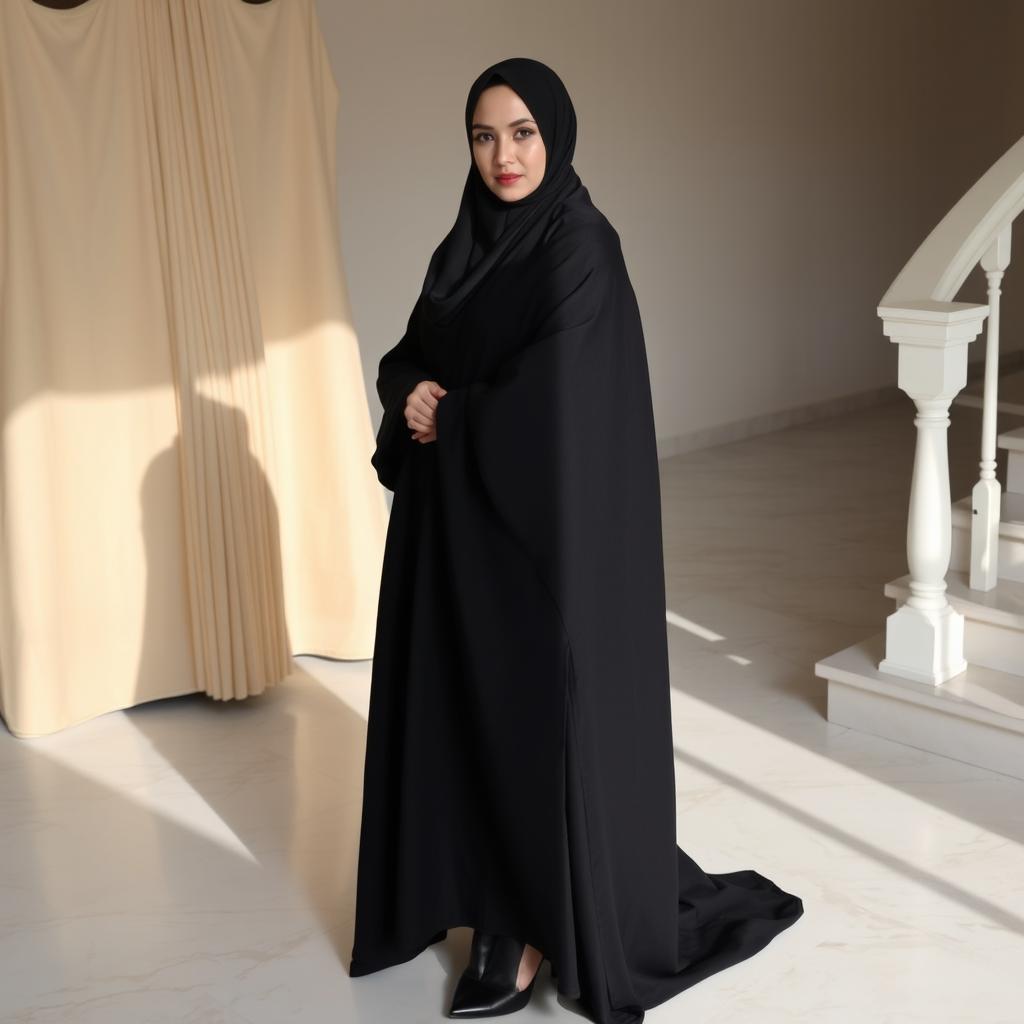 A woman wearing a traditional black chador that fully covers her head and body, complemented by black tights and stylish black high heels
