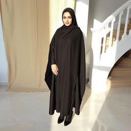 A woman wearing a traditional black chador that fully covers her head and body, complemented by black tights and stylish black high heels