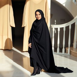 A woman wearing a traditional black chador that fully covers her head and body, complemented by black tights and stylish black high heels