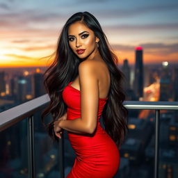 A stunningly attractive woman with long flowing hair, wearing a tight-fitting red dress that accentuates her curves