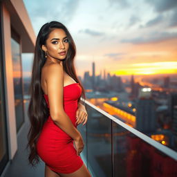 A stunningly attractive woman with long flowing hair, wearing a tight-fitting red dress that accentuates her curves