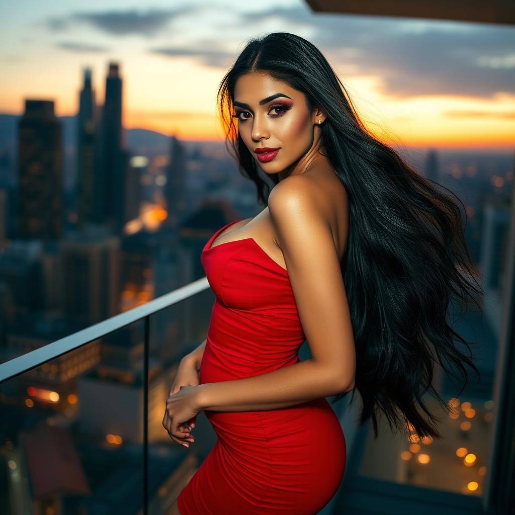 A stunningly attractive woman with long flowing hair, wearing a tight-fitting red dress that accentuates her curves