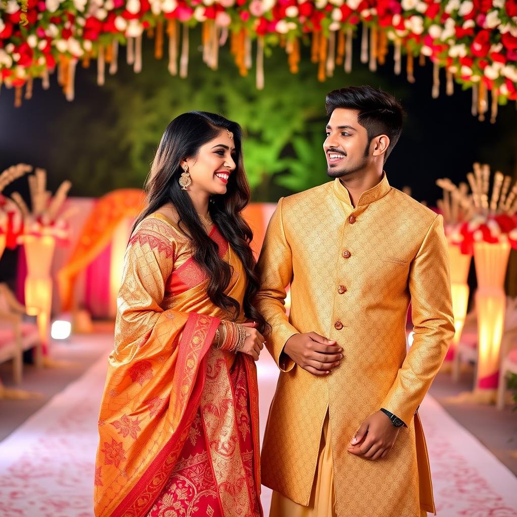 A stunning woman wearing a traditional saree, featuring elaborate patterns and vibrant colors, elegantly draped around her