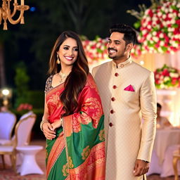 A stunning woman wearing a traditional saree, featuring elaborate patterns and vibrant colors, elegantly draped around her