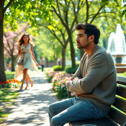 A contemplative man with dark hair and a thoughtful expression, sitting on a park bench and gazing intently at a beautiful woman strolling by