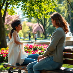 A contemplative man with dark hair and a thoughtful expression, sitting on a park bench and gazing intently at a beautiful woman strolling by