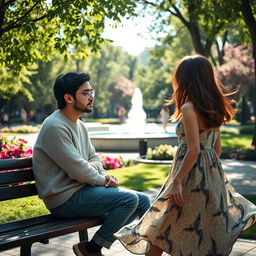 A contemplative man with dark hair and a thoughtful expression, sitting on a park bench and gazing intently at a beautiful woman strolling by