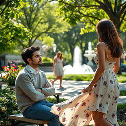 A contemplative man with dark hair and a thoughtful expression, sitting on a park bench and gazing intently at a beautiful woman strolling by