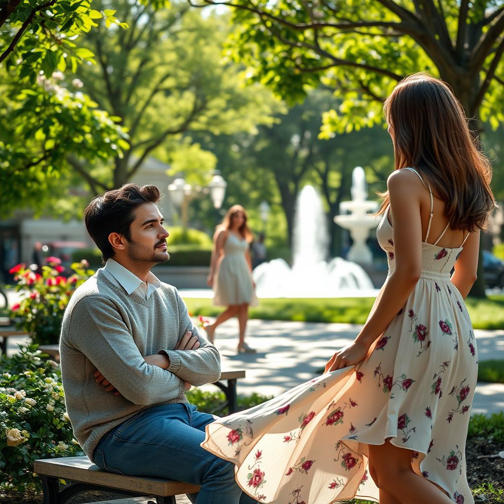 A contemplative man with dark hair and a thoughtful expression, sitting on a park bench and gazing intently at a beautiful woman strolling by